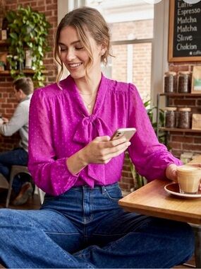 Womens Magenta Tie-Neck Long Sleeve Blouse